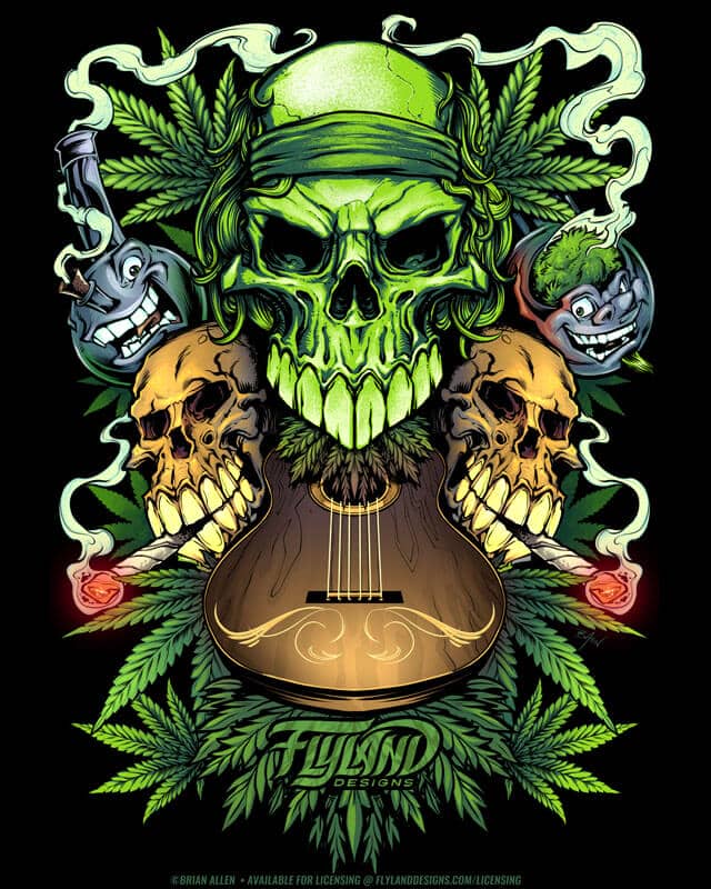 A green skull with a guitar coming out of its mouth. On either side of it are smiling marijuana bongs and skulls smoking joints. The whole piece is surrounded by marijuana leaves.
Artwork by Brian Allen, Flyland Designs
