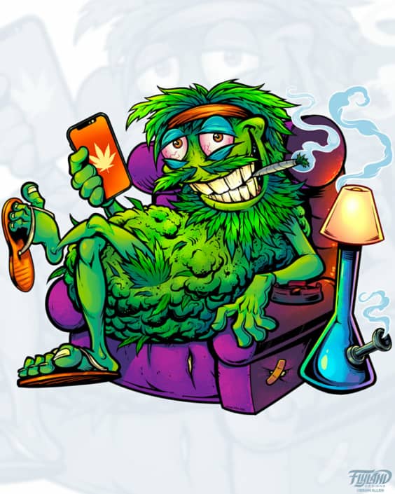 A Marijuana Bud Couch Character Smoking Artwork by Artist Brian Allen of FlyLandDesigns.com