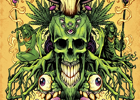 Marijuana themed skull covered in eyes and mushrooms