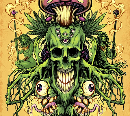 Marijuana themed skull covered in eyes and mushrooms