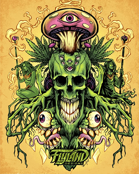 Marijuana themed skull covered in eyes and mushrooms