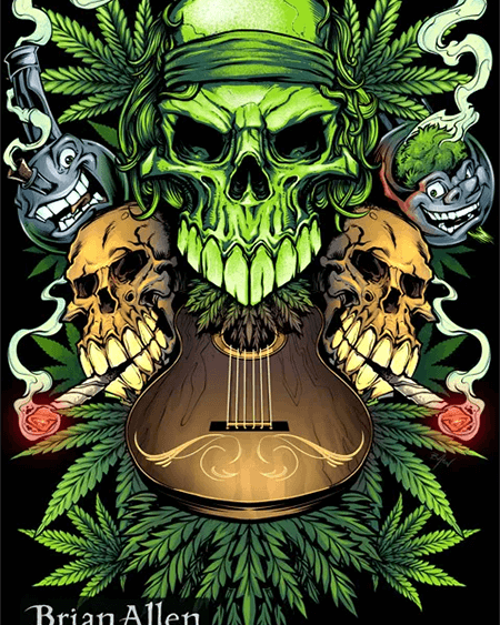Marijuana and skulls surrounding a guitar