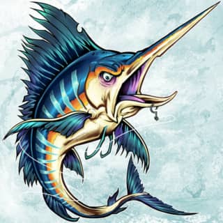 Mad Marlin Cought Artwork by Artist Brian Allen of FlyLandDesigns.com
A marlin fish with a very pointy snout and a fish hook sticking out of its bottom lip.