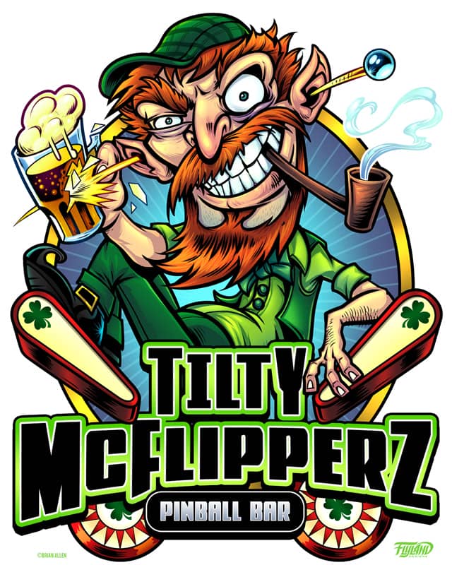 a logo created for Tilty McFlipperz of an Irishman smoking a pipe and holding a beer while relaxing on the flipper part of a pinball machine 