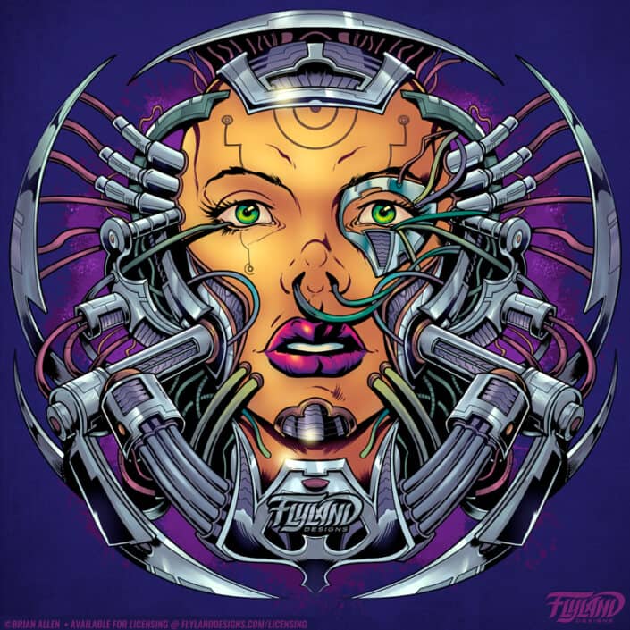 A feminine cyborg with a mechanical face is connected by wires. Illustration by Brian Allen