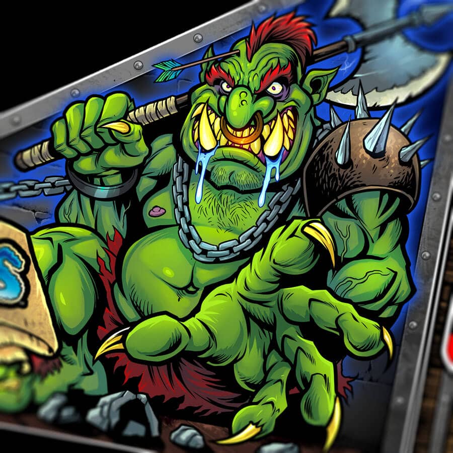 Artwork of a Orc goblin and a red dragon for the Medeival Madness pinball machine magnetic apron drawn by artist Brian Allen