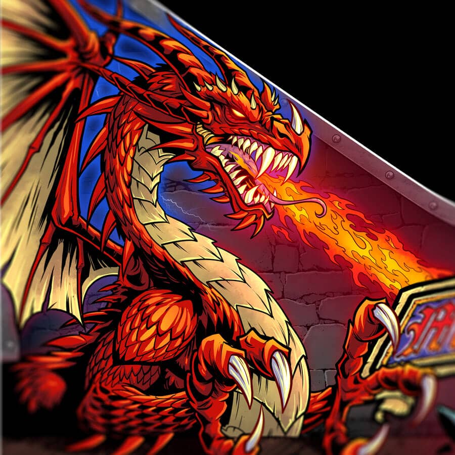Artwork of a Orc goblin and a red dragon for the Medeival Madness pinball machine magnetic apron drawn by artist Brian Allen