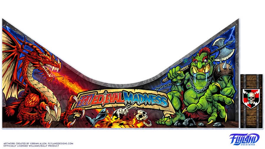 Artwork of a Orc goblin and a red dragon for the Medeival Madness pinball machine magnetic apron drawn by artist Brian Allen