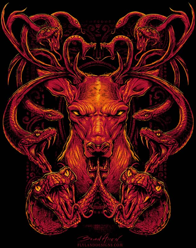 Medusa Buck T-Shirt illustration with snakes for antlers