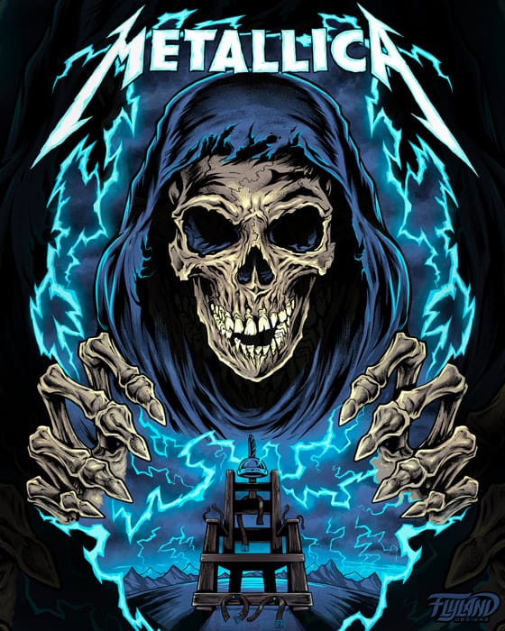 A design that I created for Merch Traffic for Metallica featuring a grim reaper skeleton hovering over an electric chair with blue lightning bolts.