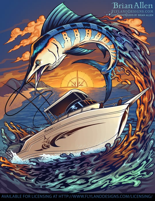 Boating illustration of a marlin jumping out of the water