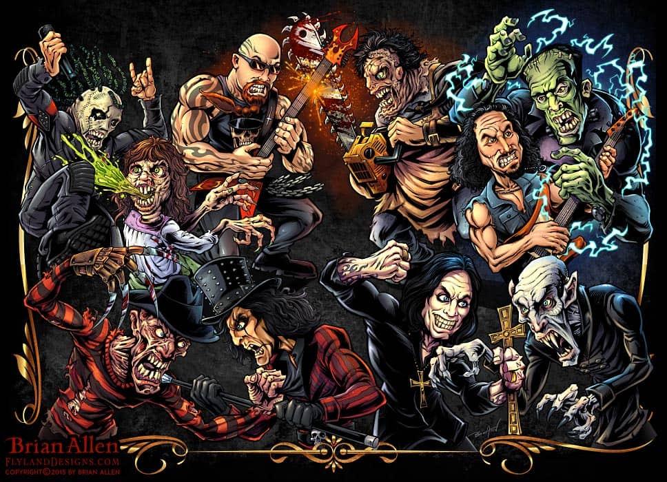 Dark detailed illustration of a epic battle between Freddy, Leatherface, Nosferatu, The Excorsist, Frankenstein, Kirk Hammet, Ozzy, Alice Cooper, Corey Taylor, and more.