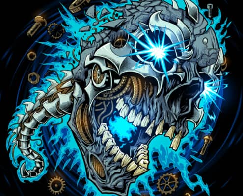 This illustration I designed depicts a metal skull with nuts, bolts, and screws.