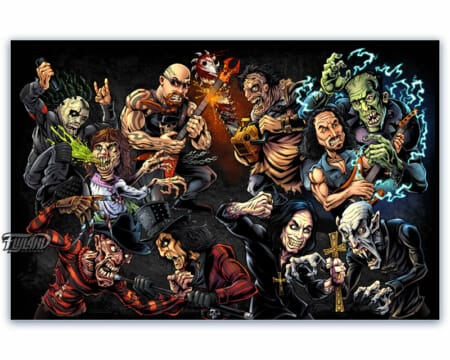 Illustration of horror characters fighting heavy metal characters including Jason, Freddy, Nosferatu, Frankenstein, Leatherface, Ozzy Osbourne, Kirk Hammet, and more