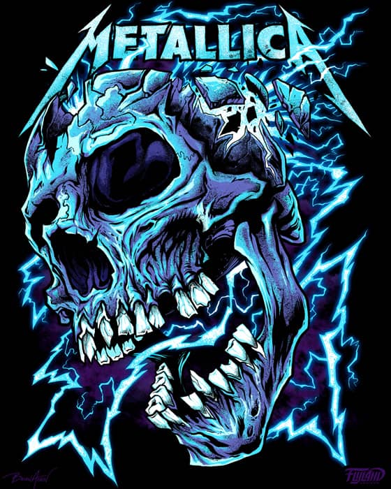 A design that I created for Metallica featuring a broken skull with lightning and electricity coursing through it in different colors. 