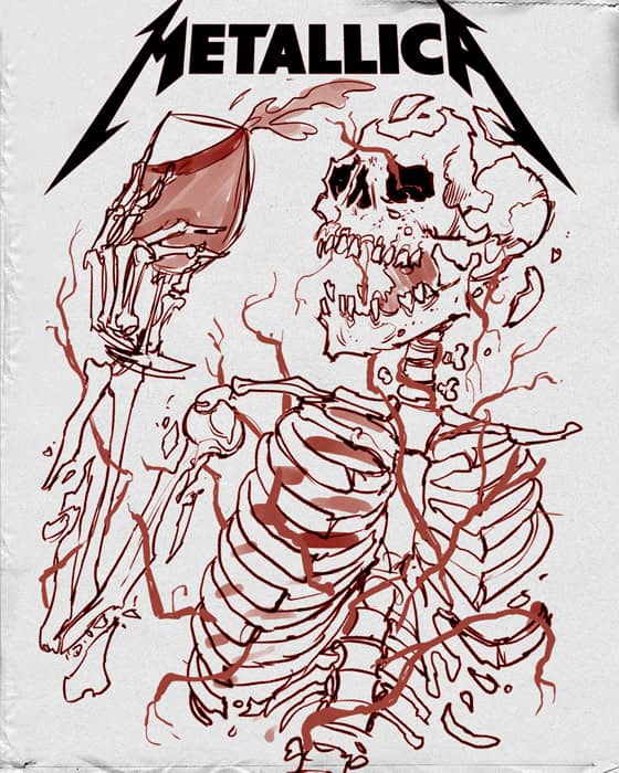 Illustration I made for Merch Traffic for the Metallica Napa Valley show featuring a broken skeleton being wrapped in blood red vines with an hourglass sand timer.