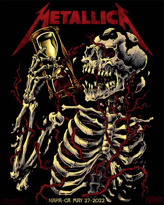 Illustration I made for Merch Traffic for the Metallica Napa Valley show featuring a broken skeleton being wrapped in blood red vines with an hourglass sand timer.