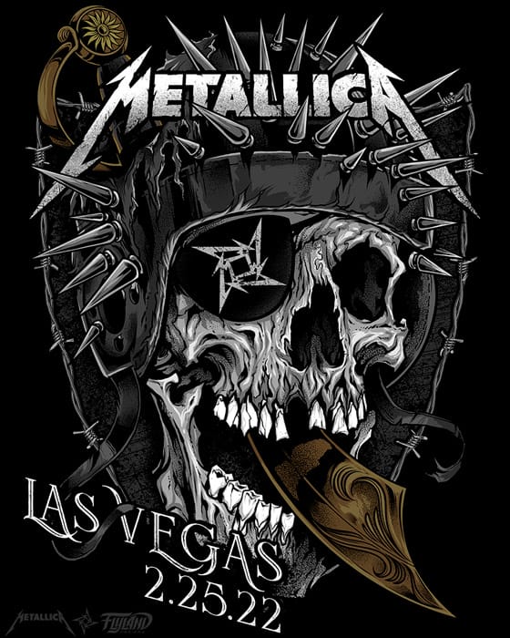 Illustration I made of Metallica’s Las Vegas show that illustrates a viking skull wearing an eye patch with a sword coming out of its mouth surrounded with barb wire. 