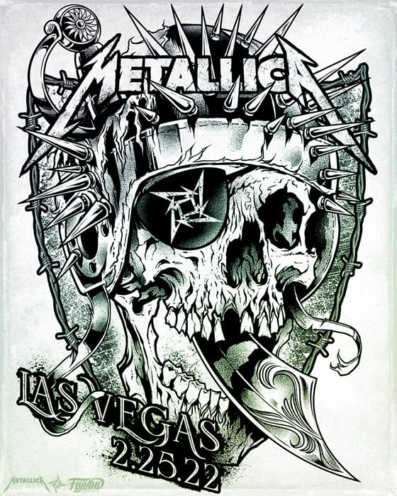 Illustration I made of Metallica’s Las Vegas show that illustrates a viking skull wearing an eye patch with a sword coming out of its mouth surrounded with barb wire. 