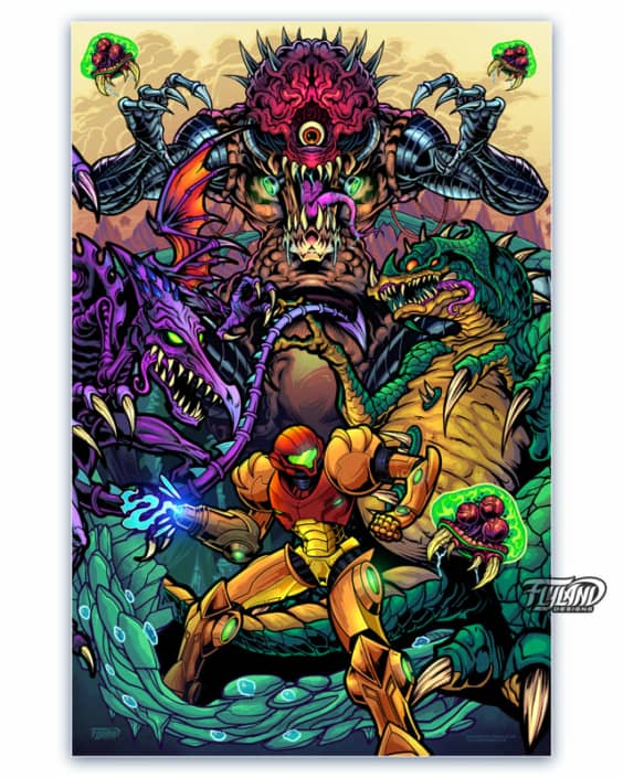 A full color Metroid tribute illustration. Featuring Samus, Kraid, Mother Brain, Ridley, and a bunch of Metroids flying about.