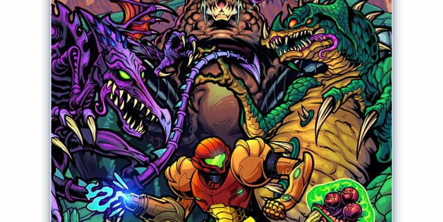 A full color Metroid tribute illustration. Featuring Samus, Kraid, Mother Brain, Ridley, and a bunch of Metroids flying about.