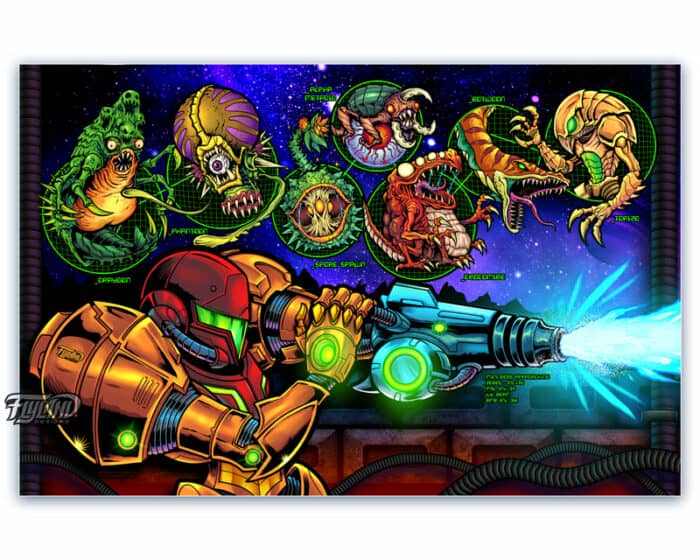 A full color illustration of Samus and the Metroid mini bosses.