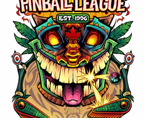 A T-Shirt that I designed featuring a tiki head in the middle of a pinball game for the Toronto Pinball League.