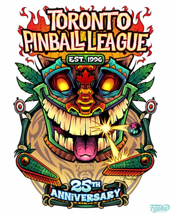 A T-Shirt that I designed featuring a tiki head in the middle of a pinball game for the Toronto Pinball League.