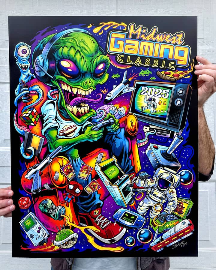 Illustration of an Alien gamer sitting on a couch in space playing retro video games with clutter around for Midwest Gaming Classic convention