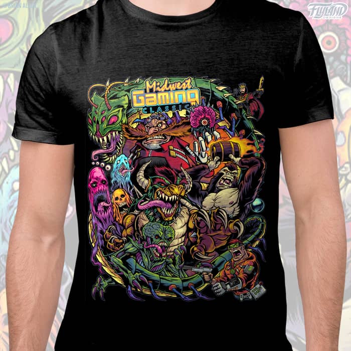 Colorful T-shirt and Event Poster Design Mash-up of Classic Retro Arcade Game Characters for Midwest Gaming. 