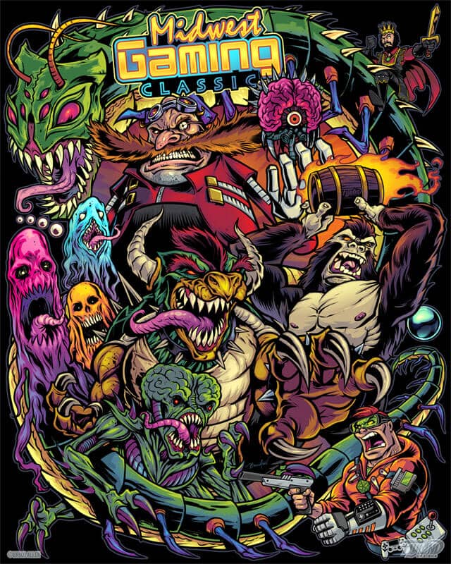 Colorful T-shirt Design Mash-up of Classic Retro Arcade Game Characters for Midwest Gaming. 