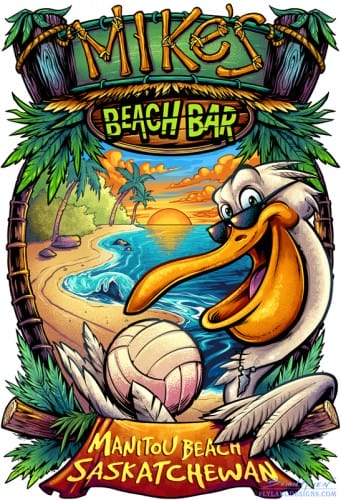 T-Shirt illustration of a Pelican holding a volleyball on the beach