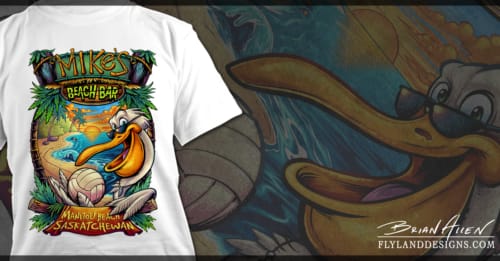 T-Shirt illustration of a Pelican holding a volleyball on the beach