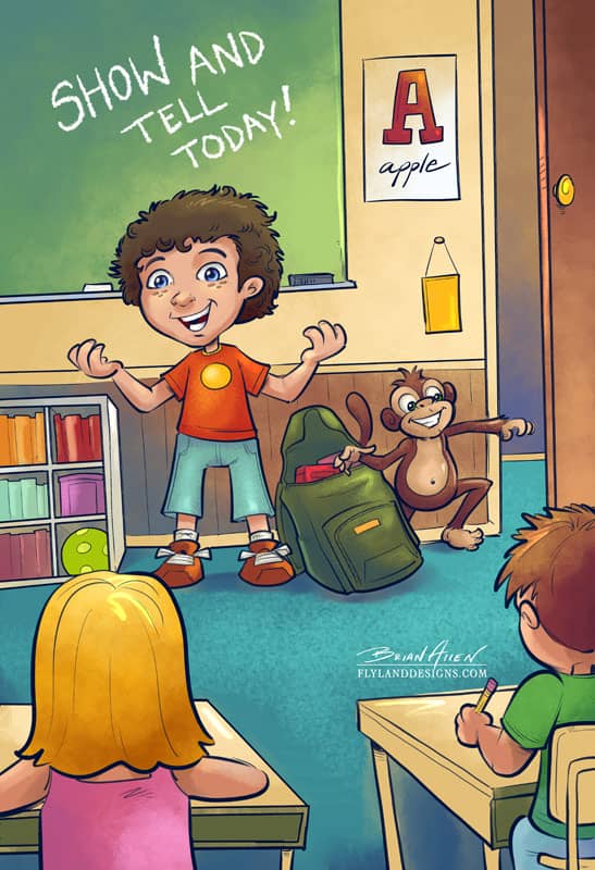 Children's book illustrations of a young boy and a monkey cartoon character