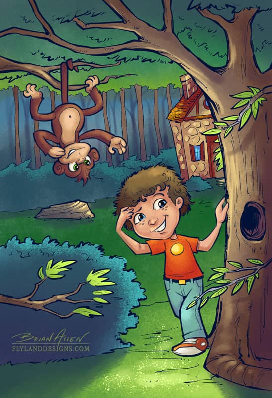 Children's book illustrations of a young boy and a monkey cartoon character