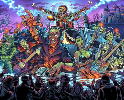 Illustration of Frankenstein, Dracula, the swamp monster, a werewolf, a zombie, and the hunchback of notre dame all partying as a band and playing music in front of the castle and a crowd of cereal killers.