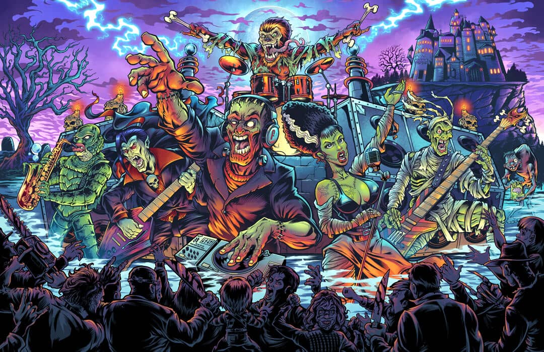 Illustration of Frankenstein, Dracula, the swamp monster, a werewolf, a zombie, and the hunchback of notre dame all partying as a band and playing music in front of the castle and a crowd of cereal killers.