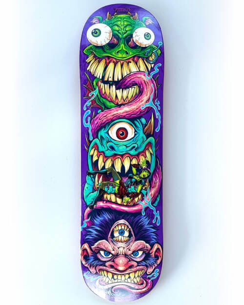 Skateboard illustration of three cartoon aztec temple heads eating a sexy explorer girl