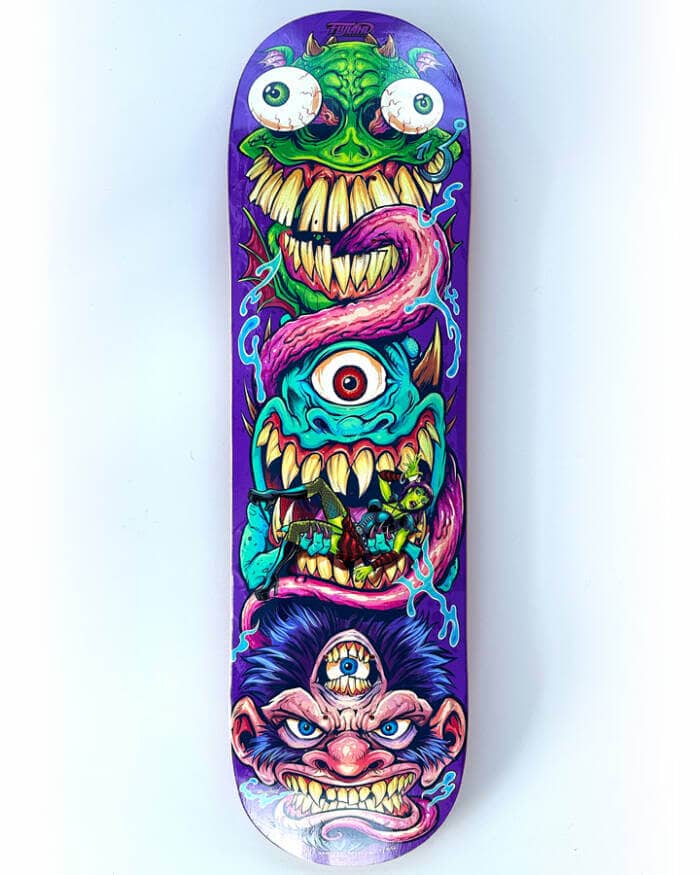 Skateboard illustration of three cartoon aztec temple heads eating a sexy explorer girl