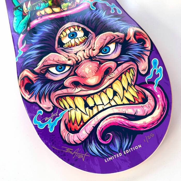 Skateboard illustration of three cartoon aztec temple heads eating a sexy explorer girl