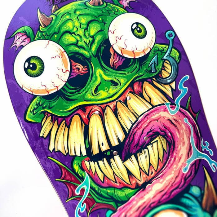 Skateboard illustration of three cartoon aztec temple heads eating a sexy explorer girl