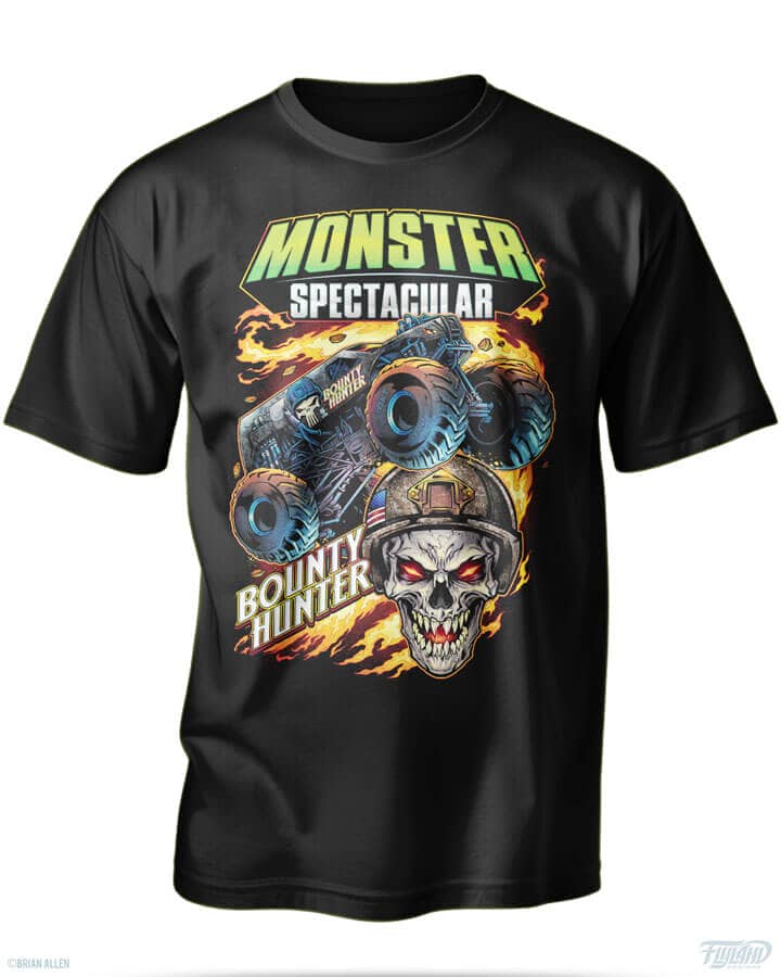 T-shirt design of a flaming monster truck and a flaming skull for Monster Spectacular, drawn by artist Brian Allen
