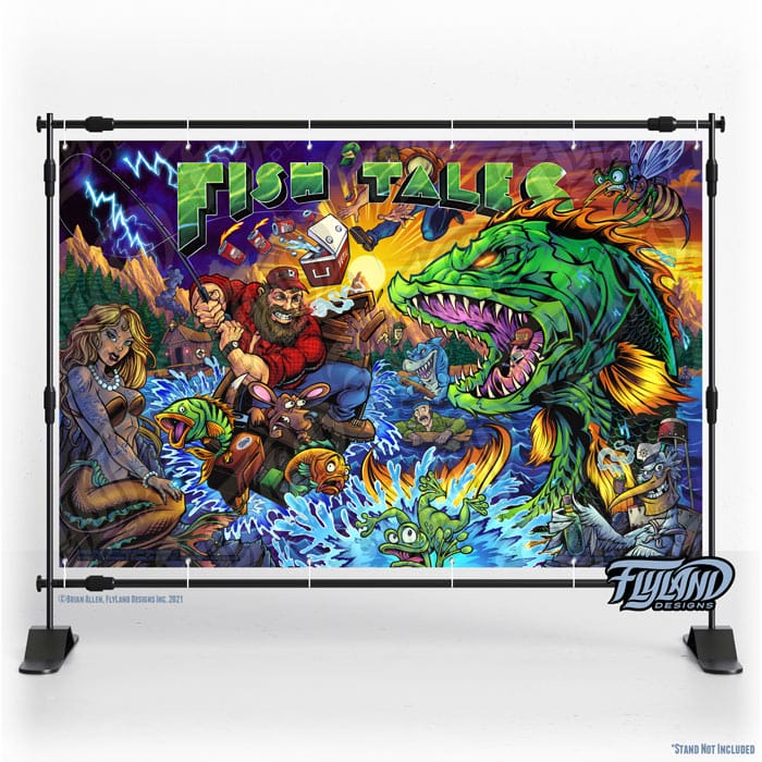 Official Williams Bally pinball arcade machine artwork of the classic fish tales game featuring a fishing lumberjack reeling in a monster bass while a mermaid sits on the rocks while other animated characters can be seen getting thrown off the raft or running away in surprise.