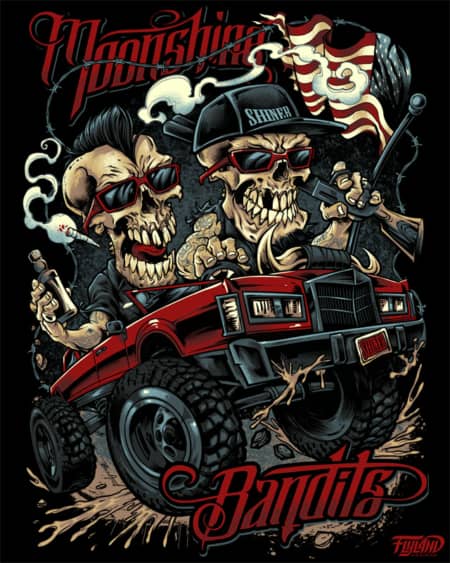 T-shirt design and poster I was hired to create for the popular band, the Moonshine Bandits, where I was asked to draw the band members as skeletons driving their iconic off-road limo.