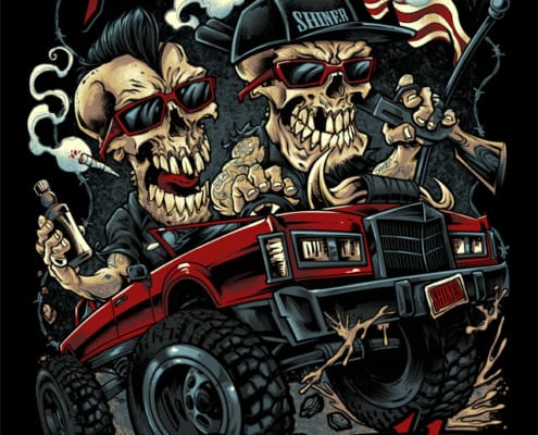 T-shirt design and poster I was hired to create for the popular band, the Moonshine Bandits, where I was asked to draw the band members as skeletons driving their iconic off-road limo.