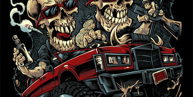 T-shirt design and poster I was hired to create for the popular band, the Moonshine Bandits, where I was asked to draw the band members as skeletons driving their iconic off-road limo.