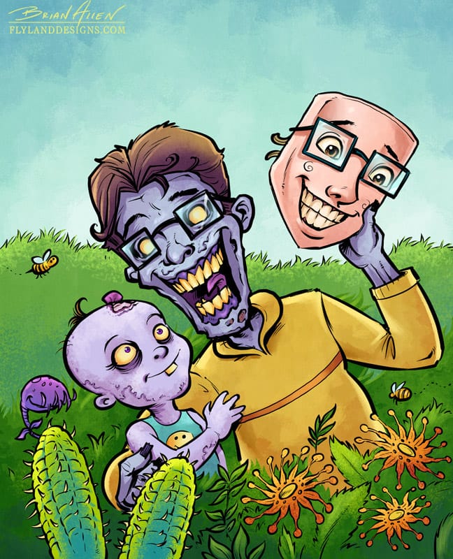 Children's book illustrations featuring a family of creepy but fun zombies.