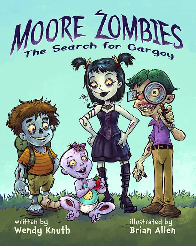 Children's book illustrations featuring a family of creepy but fun zombies.