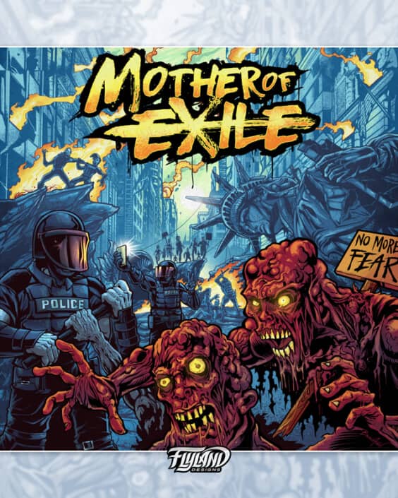 An  illustration for Mother of Exile album cover  is a Zombie apocalyptic scene zombies in a ruined city.