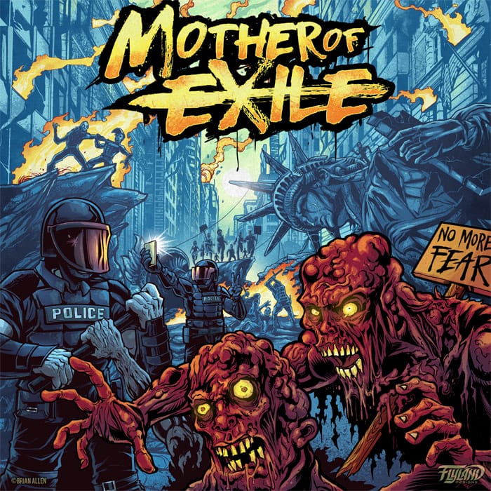 a CD Cover I created for Mother of Exile of a Zombie Apocalypse in New York city with the City in Flames and the Statue of Liberty fallen.